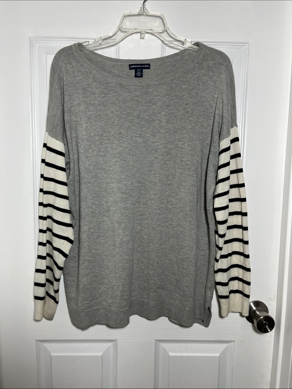 American Living Light Gray Crewneck Sweater with Cream and Black Striped Sleeves